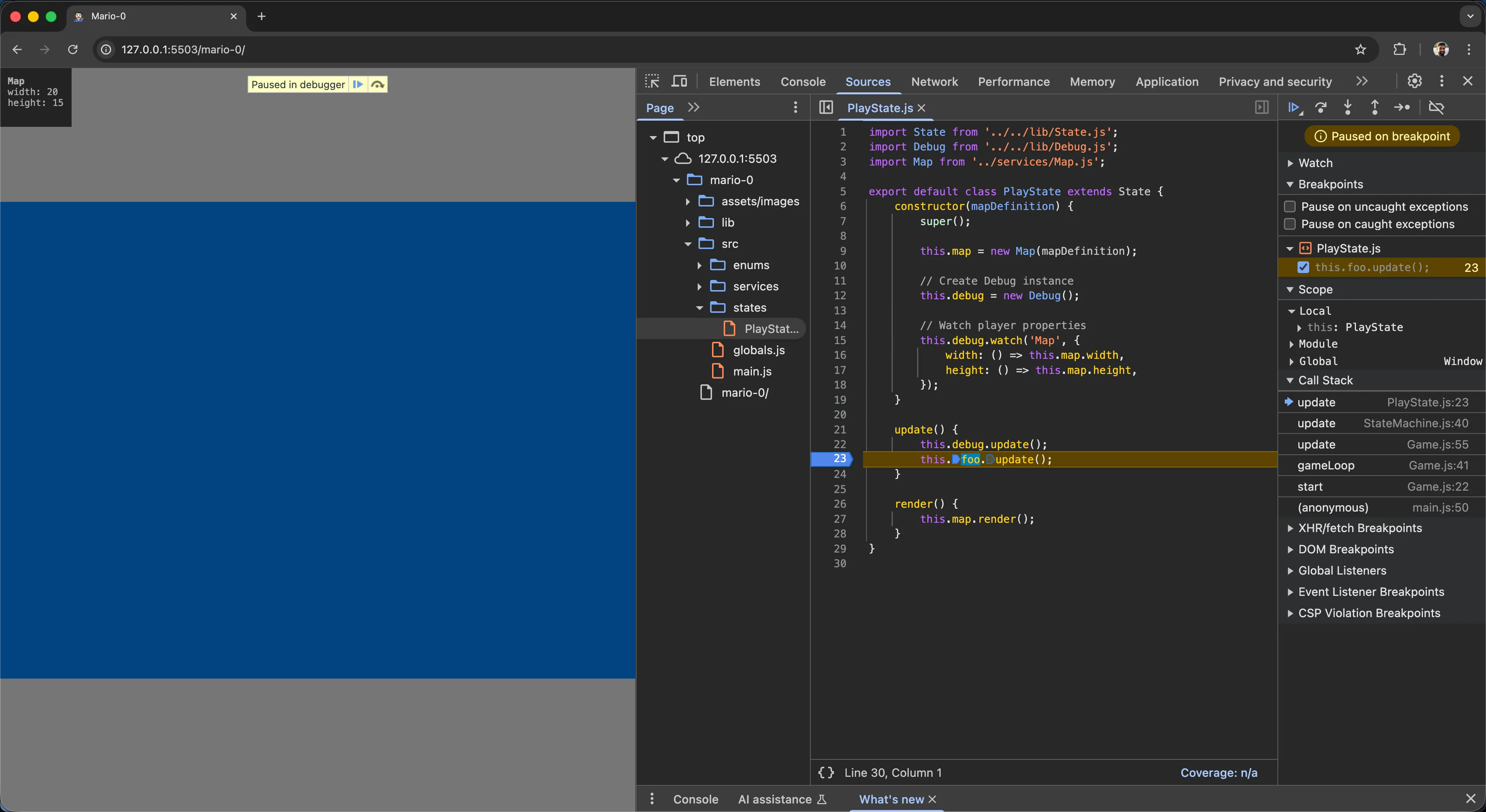 Screenshot: Code paused at breakpoint