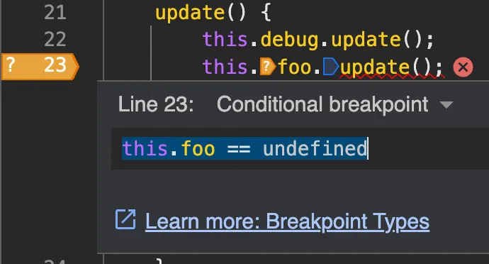 Screenshot: Conditional breakpoint dialog with condition