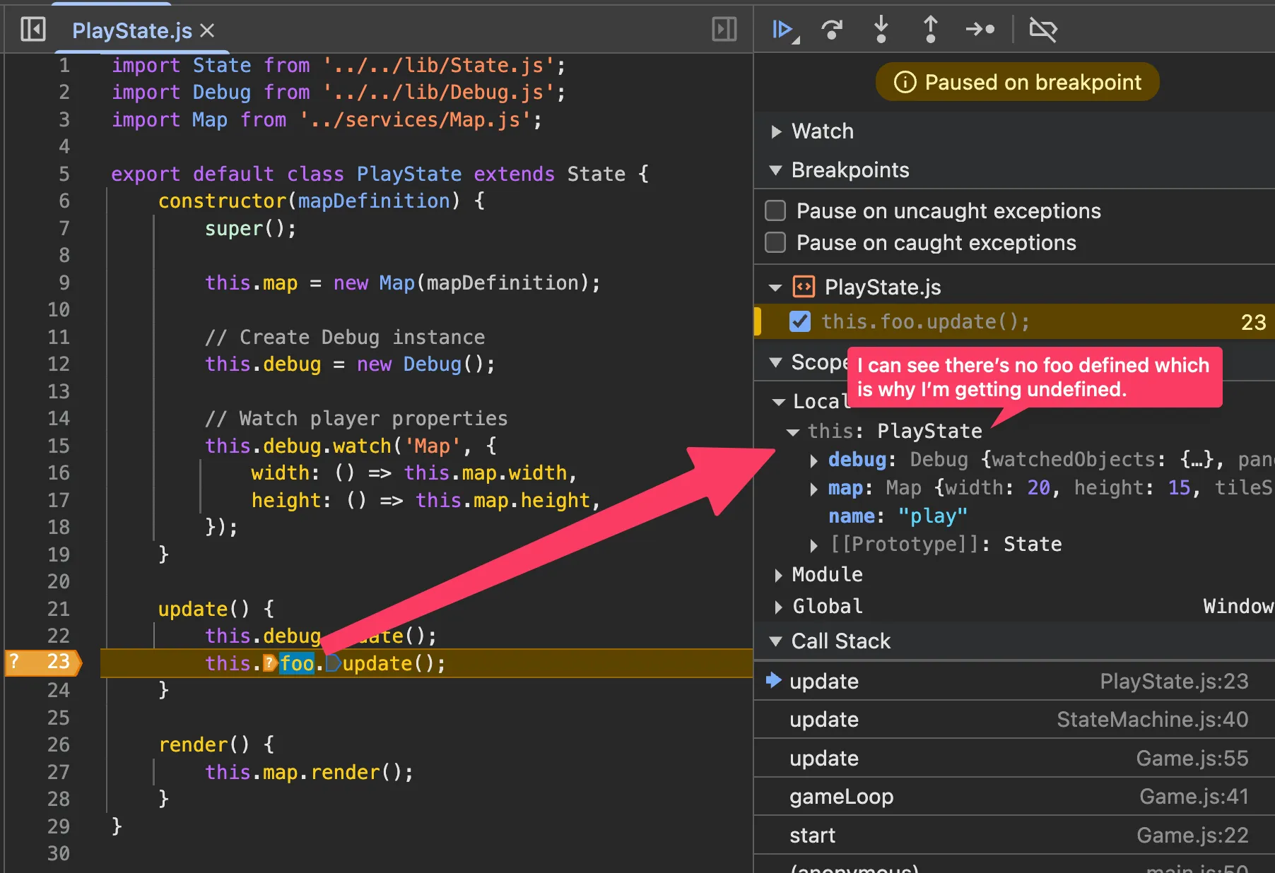 Screenshot: Conditional breakpoint set and triggered