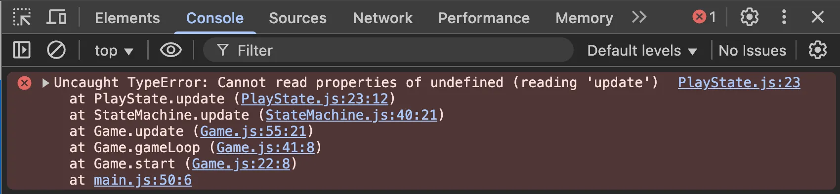 Screenshot: Console showing undefined property error