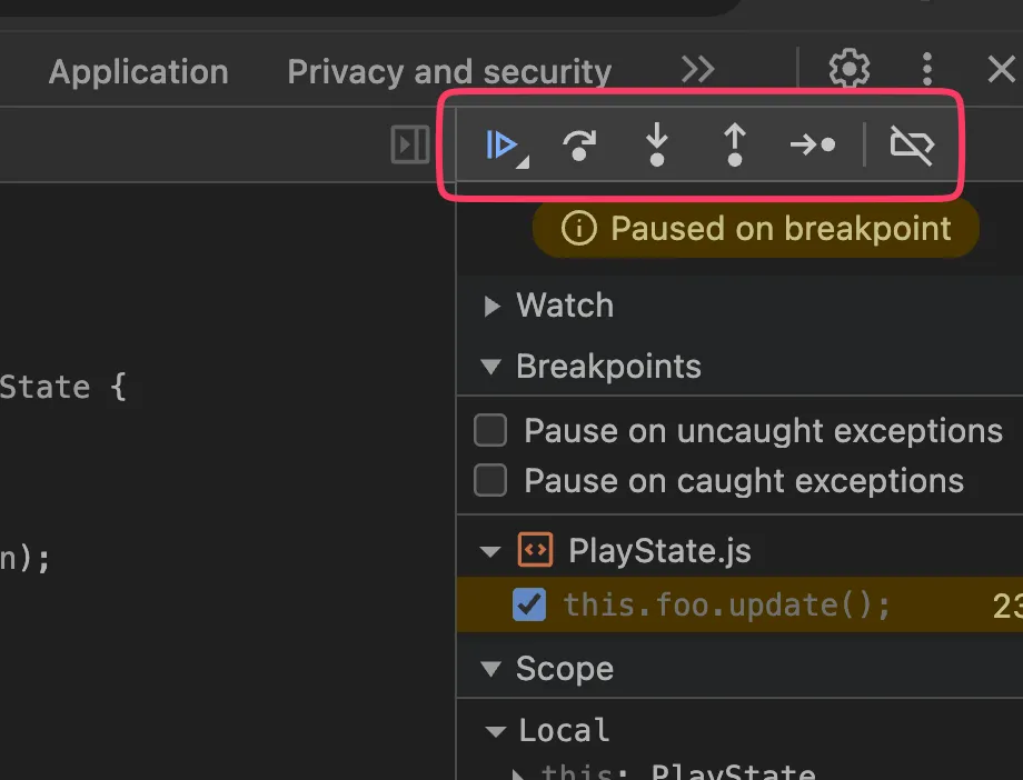 Screenshot: Debugging controls in browser