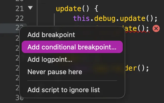 Screenshot: Right-click menu showing conditional breakpoint option
