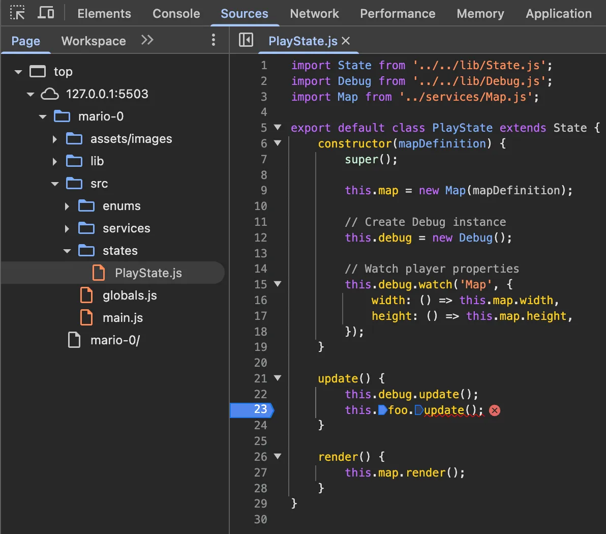 Screenshot: Setting a breakpoint by clicking line number